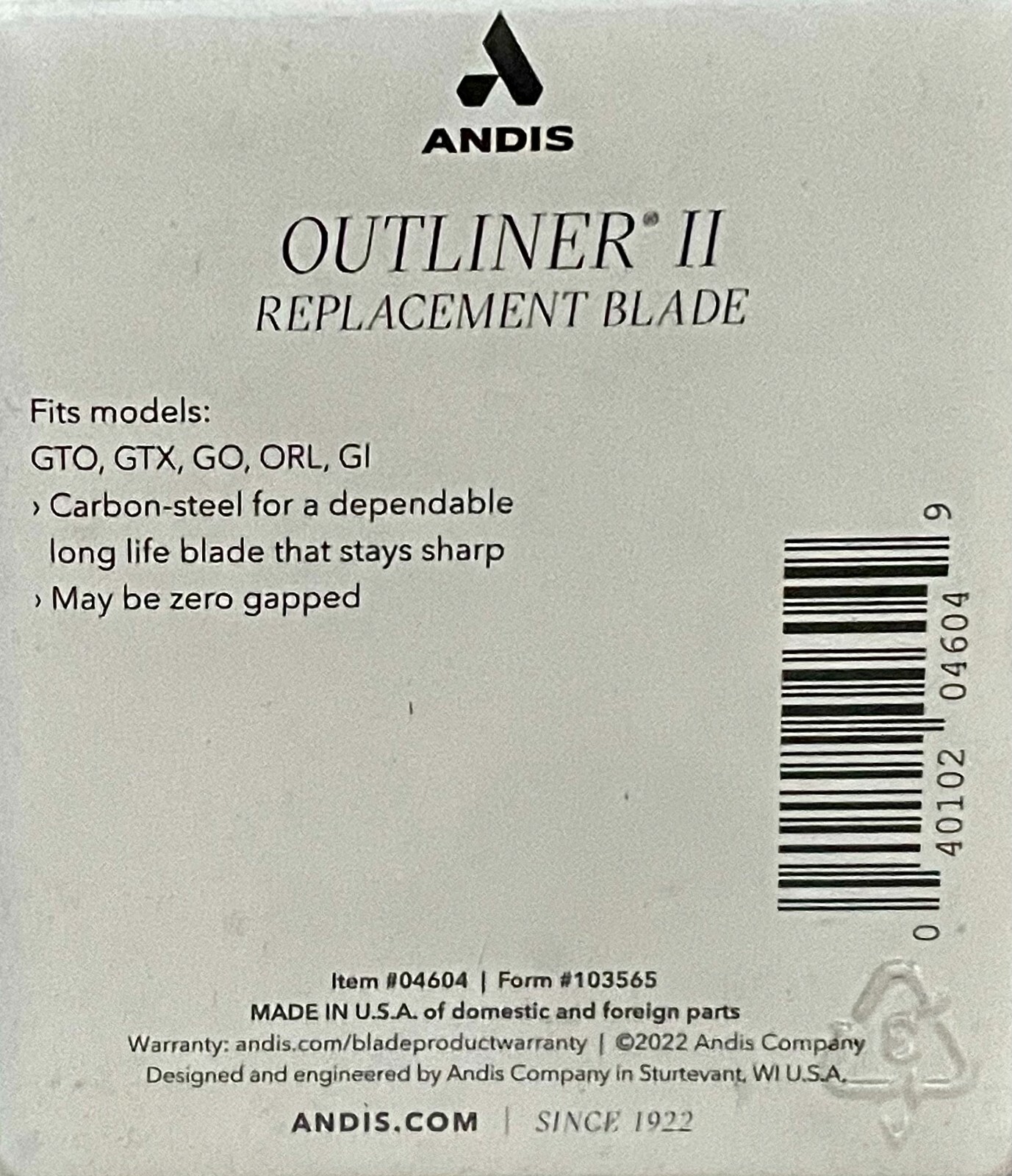  ANDIS OUTLINER  II CARBON BLADE # 04604,UPC, 040102046049, MODEL # GO/GTO USA!