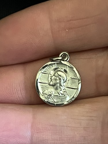 Small Sterling Sacred Heart of Jesus Medal Double Sided Jesus & Madonna .5" Wide - Picture 5 of 9