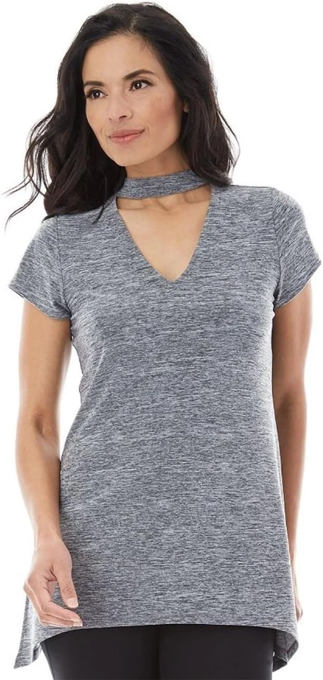 AB Studio Women’s Cutout Tee V-Neck Stretch Handkerchief Hem Top Green Medium - Image 2 of 4