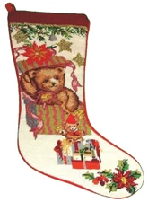 Sferra Needlepoint Handmade Teddy Bear Christmas Stocking Wool NEW Imperfect Top
