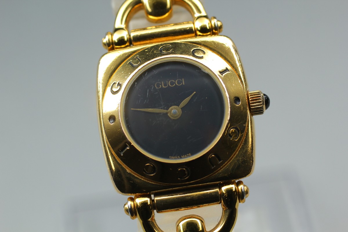 Vintage [EXC+4] GUCCI 6400L Horsebit Black Dial Gold Women