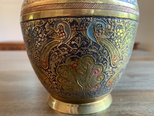 Etched Brass Vase Pitcher Peacocks Birds Vintage Patina Ornate Gold Colored - Picture 14 of 15