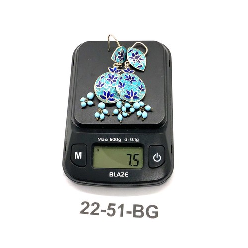 Vintage Sterling Signed 925 Lotus Flower Enamel Turquoise Bead Dangle Earrings - Picture 7 of 7