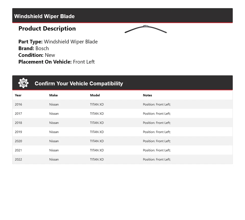 For 2016-2022 Nissan TITAN XD Bosch ICON Windshield Wiper Blade Front Left 2017 - Image 2 of 4
