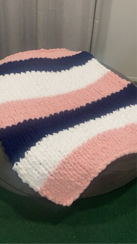 Blanket- Pink, White, Navy Chunky Knit - Picture 2 of 2