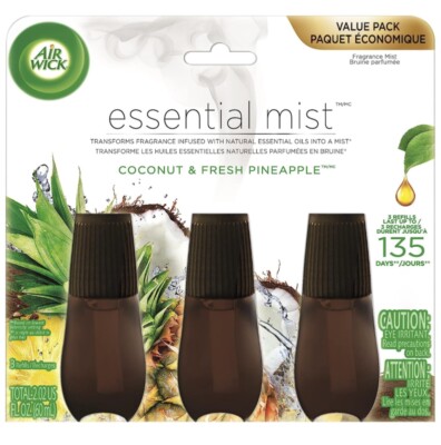 Air Wick Essential Mist Oil Fragrance Refills, Coconut & Fresh Pineapple, 3 Pack