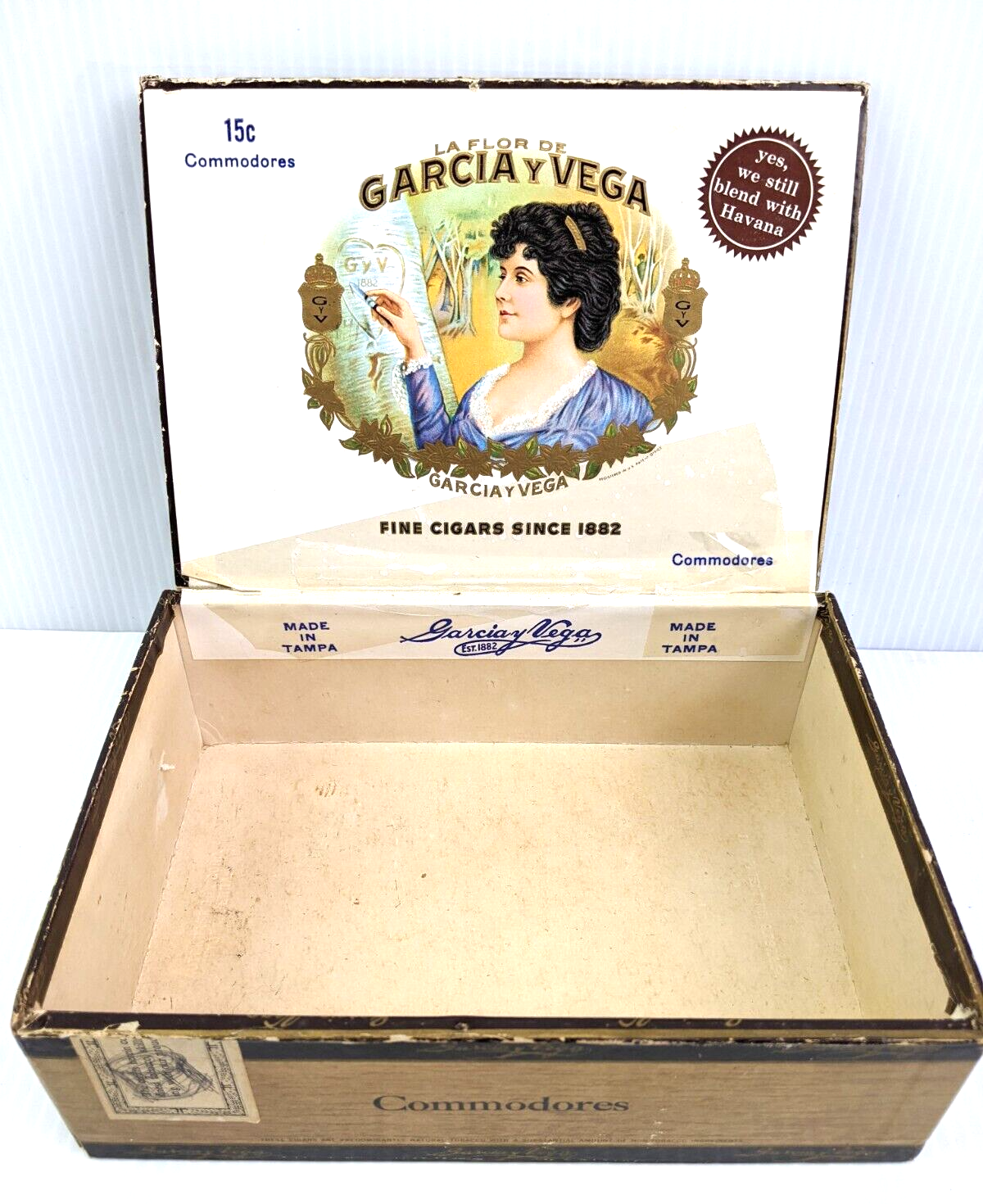 Boîte à cigares vintage « Garcia et Vega Commodores » 9,0 pouces x 6,5 pouces x 2,5 » - Photo 7 sur 9