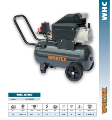 Wortex Compressor 25 Liters 2Hp Portable 230V Monophase 200 Lt/Min WHC25/200