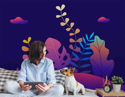 3D Cartoon Purple Mountains Leaf Wall Murals Wallpaper Murals Wall Sticker