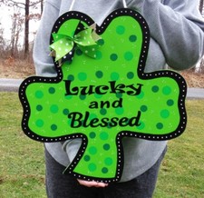 LUCKY and BLESSED Shamrock St. Patrick's Day Sign Door Plaque Hanger Green