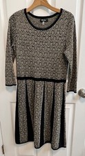 Nine West L Sweater Dress Black Gold Metallic Threads Pleated 3/4 Sleeve Preown