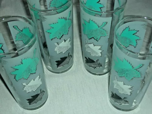 4 Libbey 1950's Turquoise, White & Black  Leaves Frosted Tom Collins Glasses