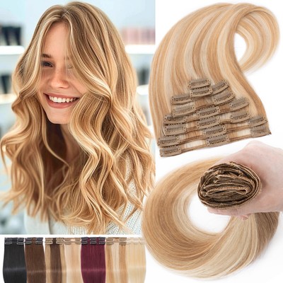 8 Tressen Remy Echthaar Clip In Remy Haar Extensions Haarverlängerung Blond Weft
