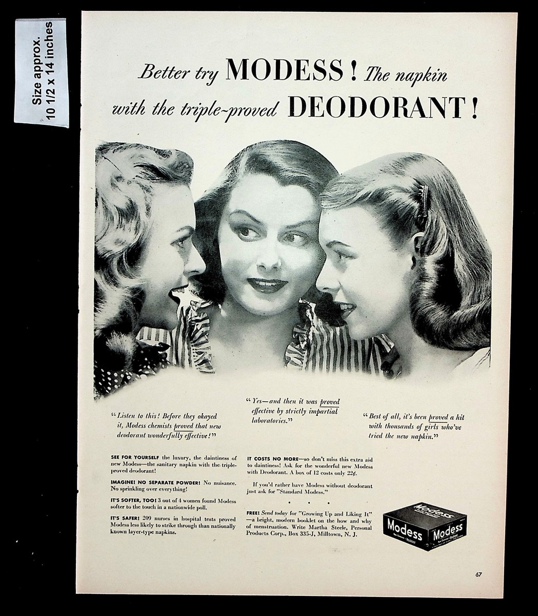 1944 Modess Deodorant Sanitary Napkin Women Protection Vintage 