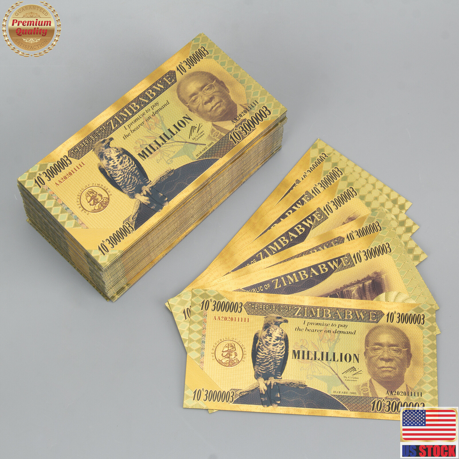 100pcs MILLILLION 3000003 zero dollars Gold Zimbabwe Banknote Non