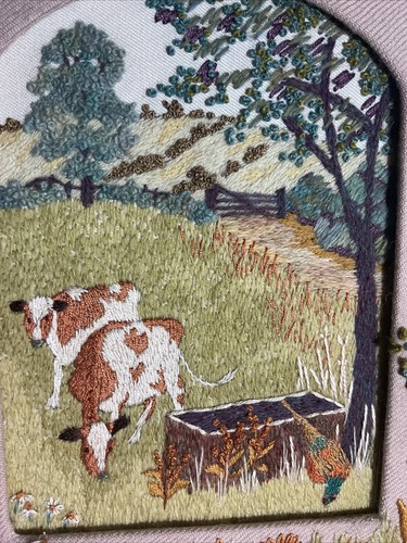 Vintage Nadelspitze Landschaft Bild 14 x 12 cm mit Fasanen und Kühen. - Bild 4 von 16