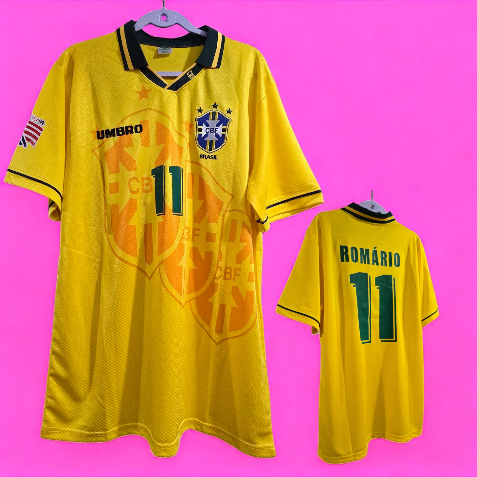 BRAZIL Home World Cup 94 - Soccer - Jersey Retro - ROMARIO # 10 - SMALL (USA-XS)