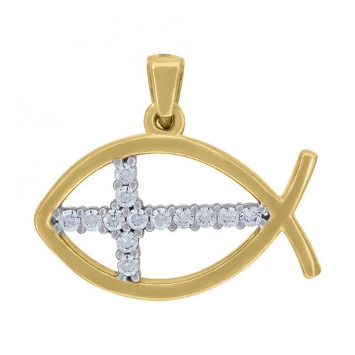 Pendentif homme en or blanc ou jaune 14 carats zircone cubique Ichthus avec breloque croix - Photo 1/2