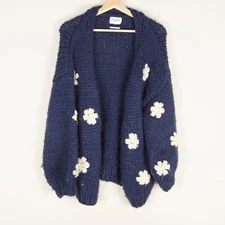 FRNCH Taya Blue Floral Acrylic Chunky Knit Big Cardigan Womens Sz S / M
