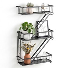 Fire Escape Wall Shelf Unit, 3 Tier Black Metal Floating Shelves for Living Room