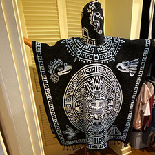 Unisex Hooded Knit Poncho Serape Aztec Calendar Eagle, Black, One Size