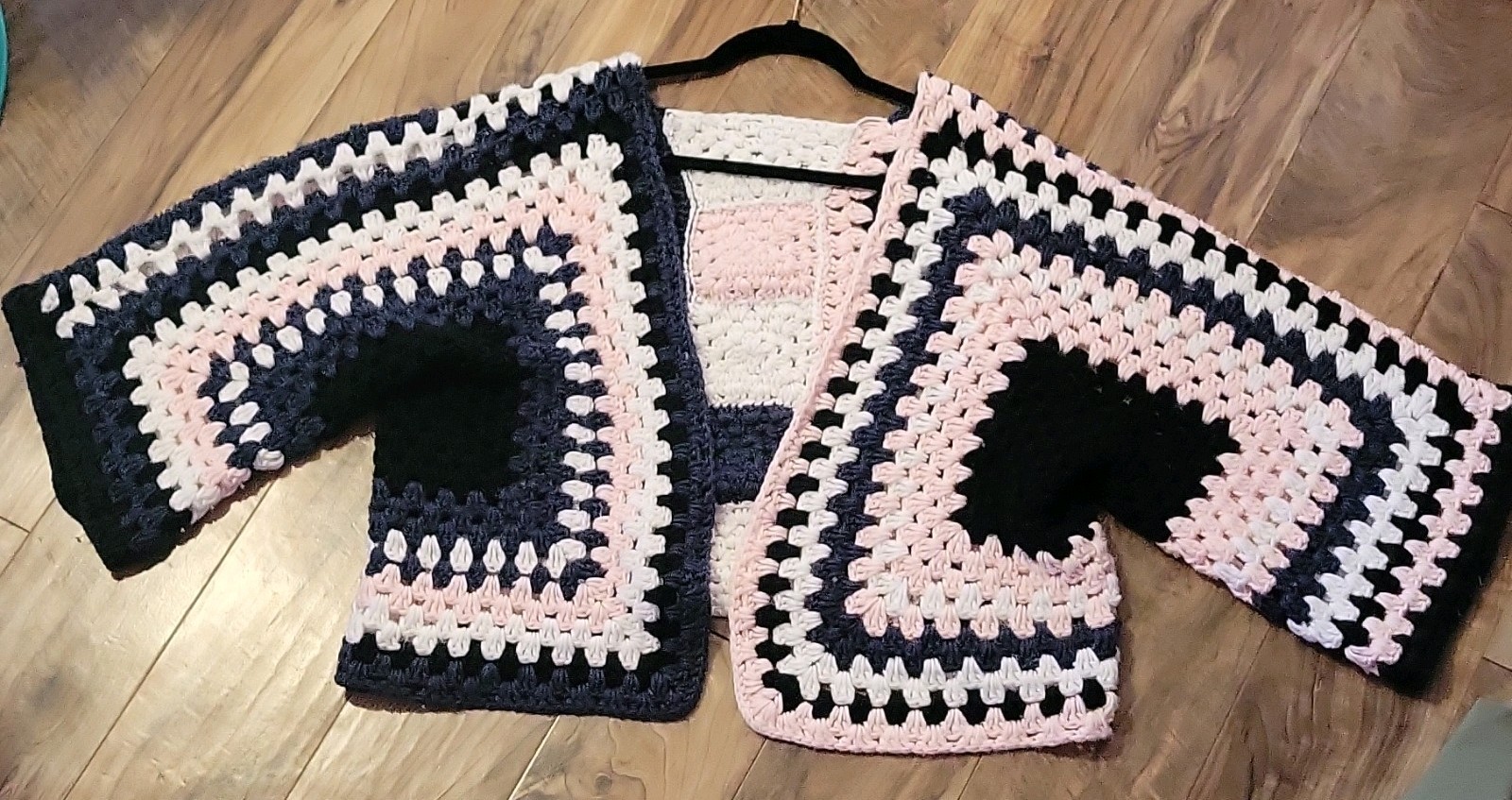 Handmade Crochet Granny Square Colorblock Open-Front Cardigan,Short Sleeve,SizeS