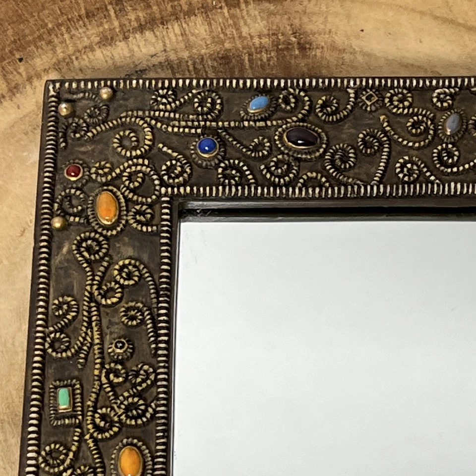 Ornate Jeweled Multicolor Glass Stone Framed Mirror With Filigree Scrollwork 6” - Image 2 of 4