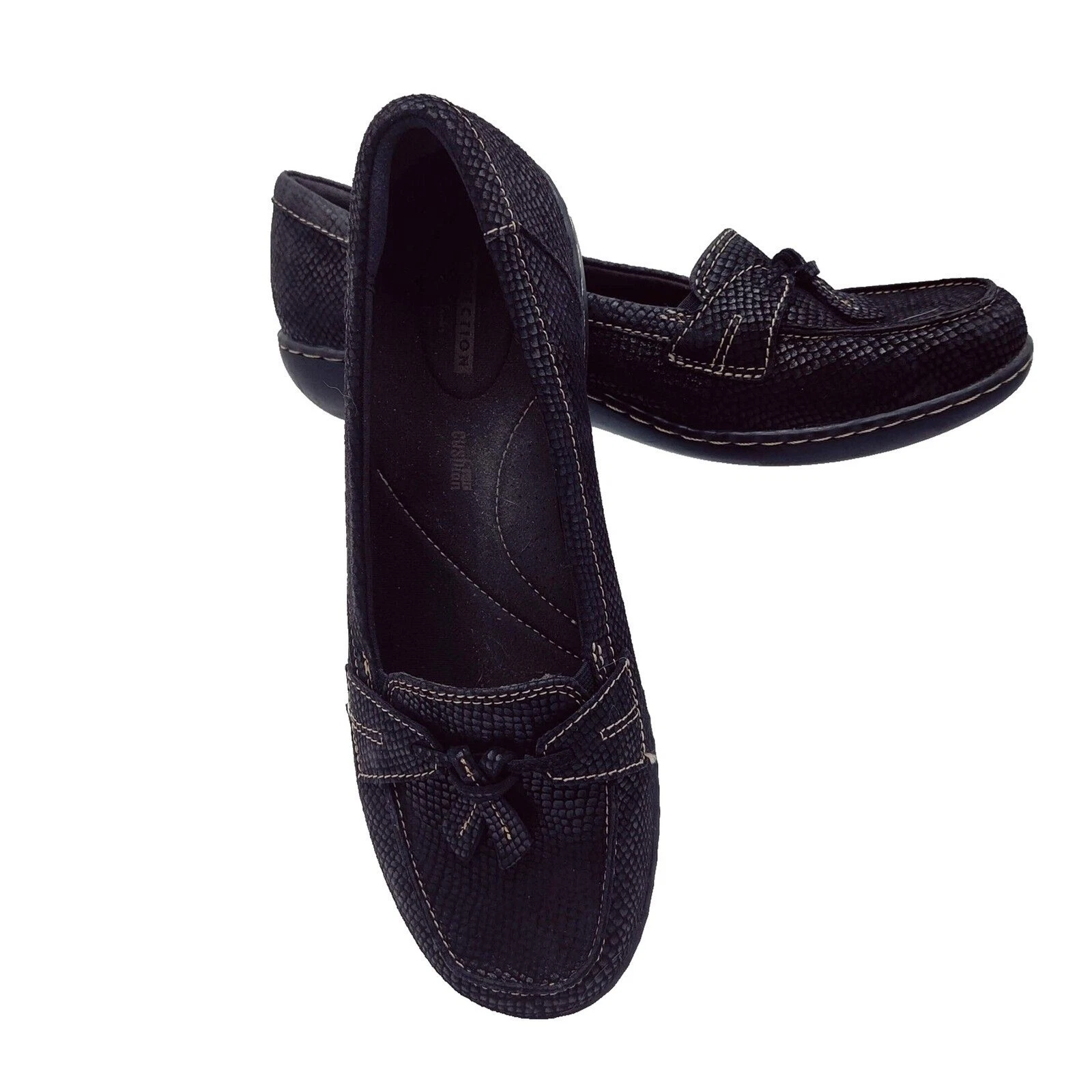 Mocassini Clarks Ashland 10 W neri stampa pelle di serpente bolla cuscino nappe comode