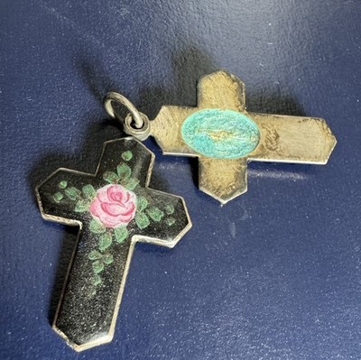 VTG 4 Sided Slide Out Enamel Sterling Saint Christopher Protection Cross Pendant