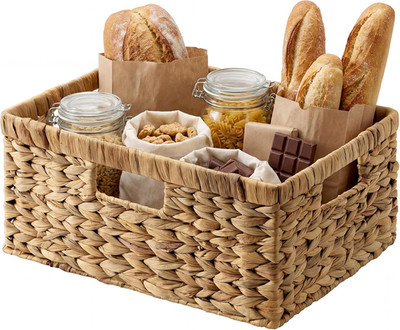 Large Rectangular Wicker Basket, Water Hyacinth Storage Basket with Built-In Han