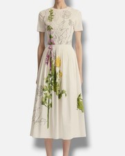Oscar de la Renta Women's White Foxglove Dandelion Poplin Midi Dress Size 6