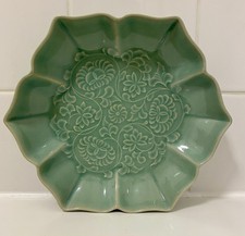 Antique Celadon Pottery Lobbed Bowl Signed