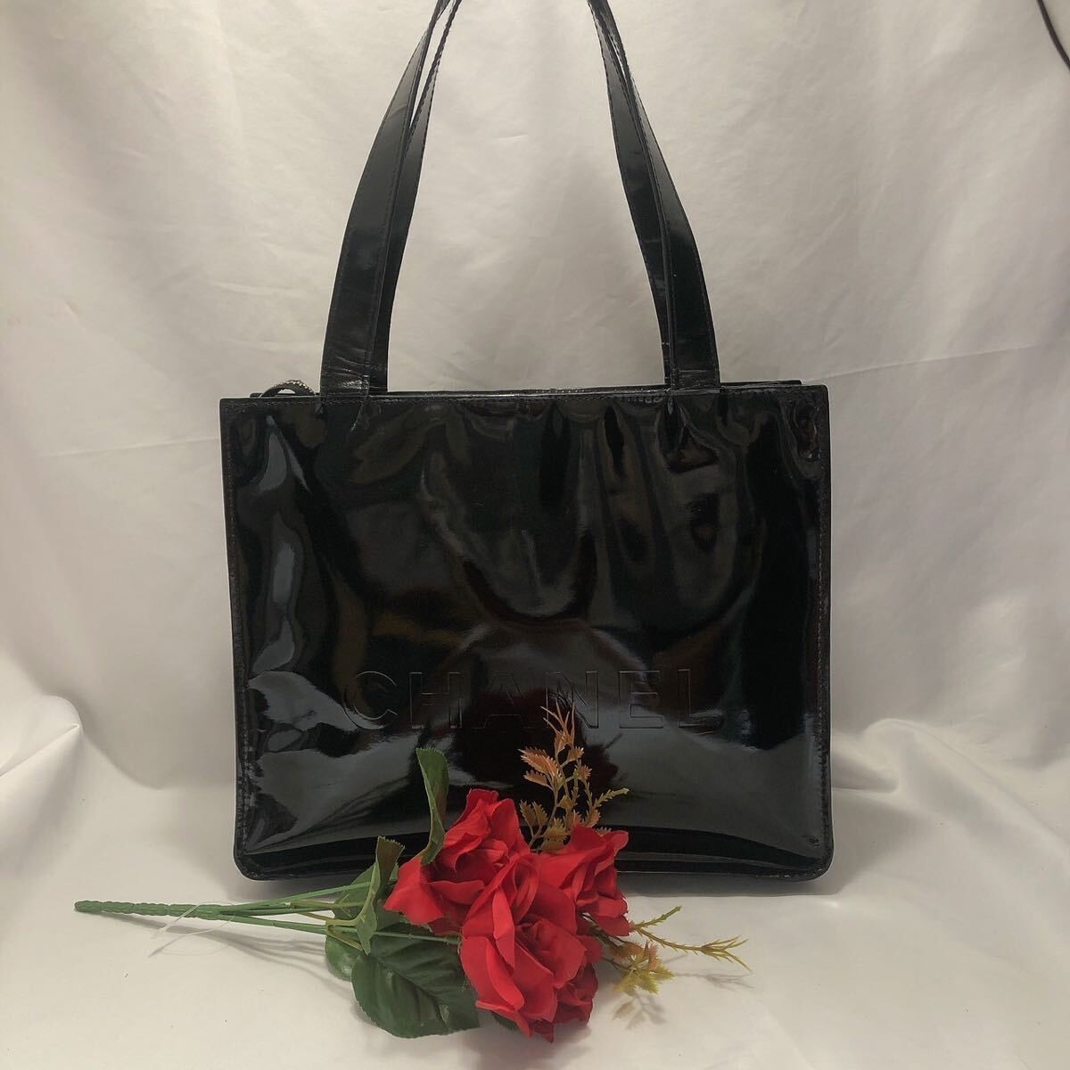 CHANEL Coco Mark Black Patent Leather Tote Handbag