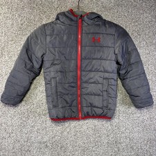 Under Armour Puffer Jacket Kids 5 Gray Red ColdGear Hooded Full Zip Quilted