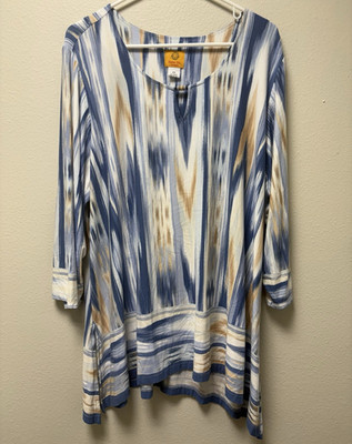 Ruby Rd. Womens 2X Blue White Tan Striped Beaded V-Neck 3/4 Tunic Top Rayon/Span