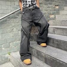 Y2K Baggy Wide Leg Jeans Mens Black Washed Oversized Hip Hop Streetwear Denim