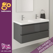 1200mm Wall Hung Bathroom Vanity Unit Dark Grey Gloss Double Ceramic Basin Sink