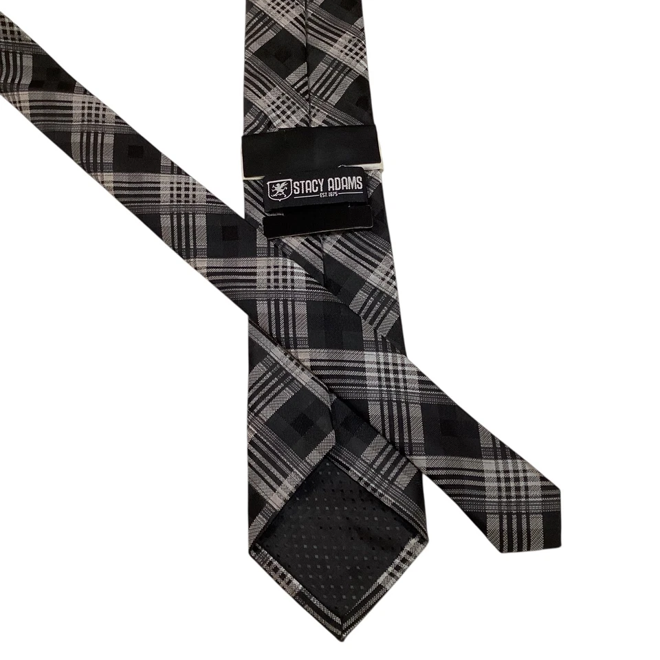 STACY ADAMS Men's Necktie & Pocket Square Set Designer PLAID Black/Gray NWT - Image 3 of 4