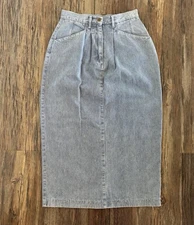 Vtg Christopher & Banks High-Rise Midi Striped Blue Denim Pencil Skirt Buttons 8