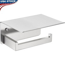 Toilet Paper Holder W/ Phone Shelf Wall Mounted Stainless Steel Easy Install New