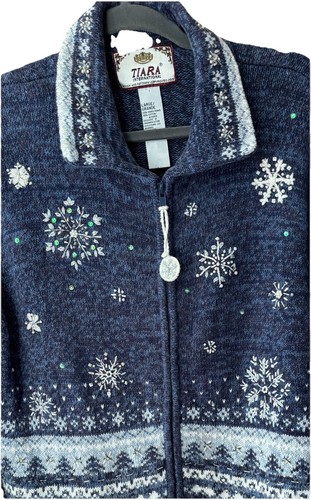Suéter De Colección Tiara Vacaciones Internacionales Copo de Nieve Cuentas Lentejuelas Talla L Cremallera - Imagen 2 de 7