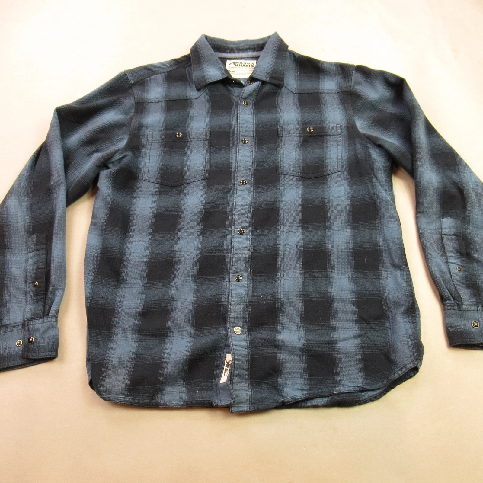 Mountain Khakis Men's Medium Blue Black Plaid Flannel Snap Button Down Shirt