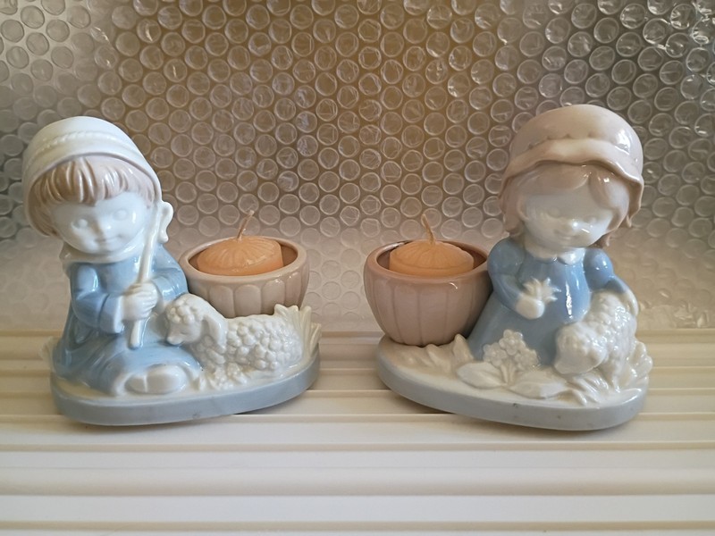 Vintage Porcelain Girl/Boy In Blue With Lamb Candle Holder Figurine 1976
