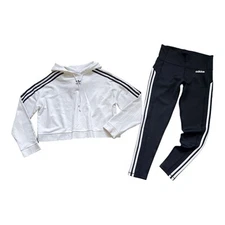 Adidas Women’s S Cropped Oversized Hoodie White 3 Stripe M Ankle Leggings Black