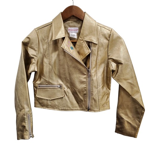 American Girl Sz Medium 10 12 Gold Floral Zip Faux Leather Moto Jacket pleather - Picture 2 of 8