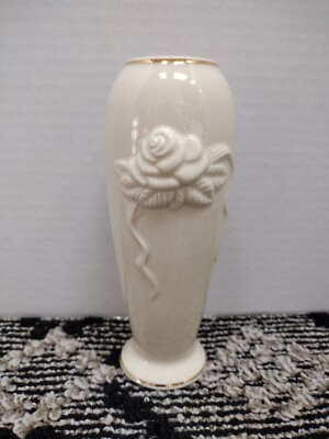 Vintage Lenox Porcelain Embossed Rose Blossom 7.5'' Bud Vase 24K Gold Trim Mint