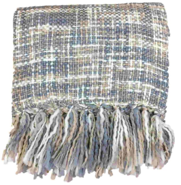 Chunky Knit Woven Gray & Beige Throw Blanket With Gold Accents Soft