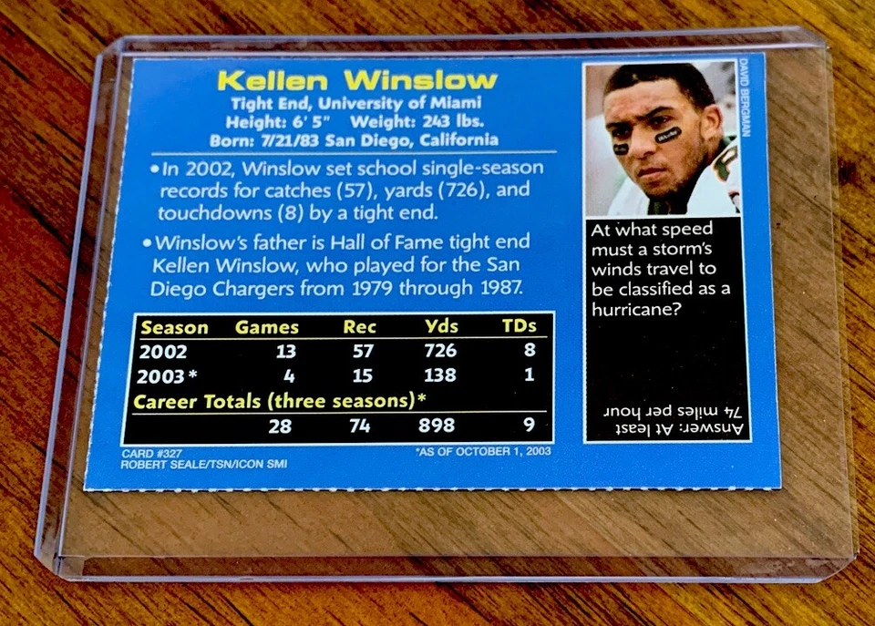 KELLEN WINSLOW ROOKIE 2003 Sports Illustrated Kids Si Browns football U Miami - Image 2 of 2