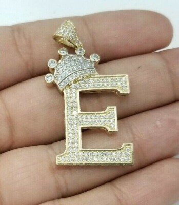 E Initial Crown Charm Pendant 3Ct Round Lab Created Diamond 14K Yellow Gold Over