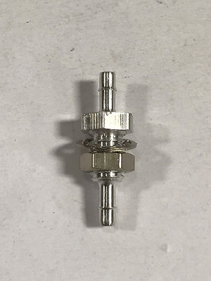 Aluminum bulkhead fitting, 10-32 UNF thread to 1/16 ID tubing barb both ends